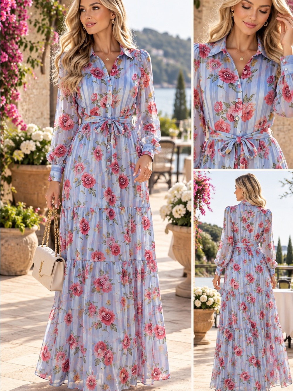 NWT Rosevelvet Blue Floral Maxi Shirt Dress Belted Long Sleeve Size S